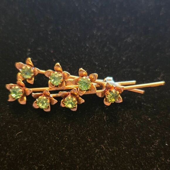 Vintage Floral Green Rhinestones Brooch Pin - Picture 1 of 6